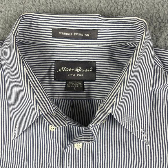 Eddie Bauer Men's Large Blue White Striped Cotton Long Sleeve Button Up Shirt - Picture 2 of 10